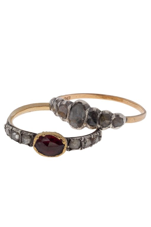 Two Gold and Silver Diamond and Garnet Rings