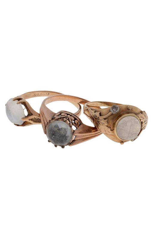 Three Gold Moonstone and Diamond Rings