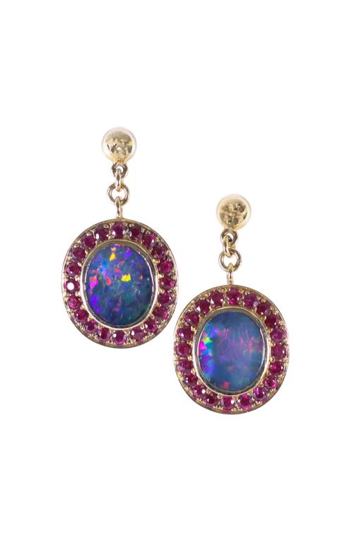 Pair of 18k Gold Opal and Ruby Earrings