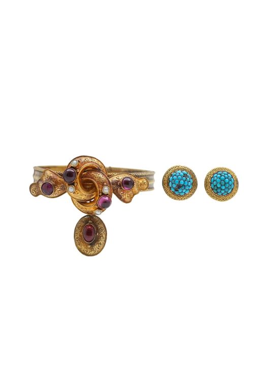 Gold Multi-Gem Bracelet and Earrings