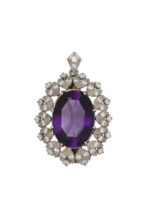 14k Gold Amethyst and Diamond Brooch Pendant