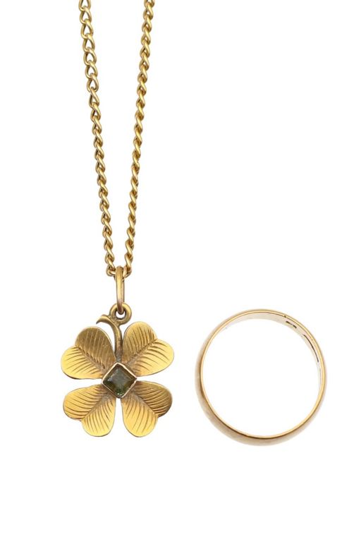 Gold Green Stone Ring and Pendant Necklace