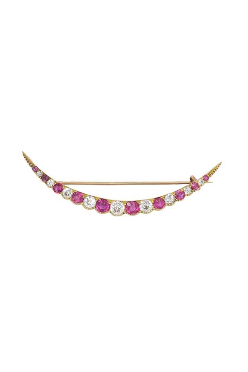 Gold Diamond and Ruby Crescent Brooch