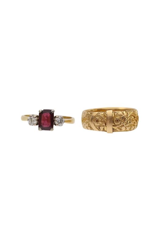 Two 18k Gold Garnet and Diamond Rings