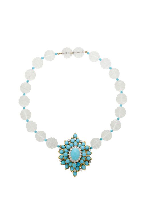 18k Gold Turquoise and Diamond Necklace Brooch