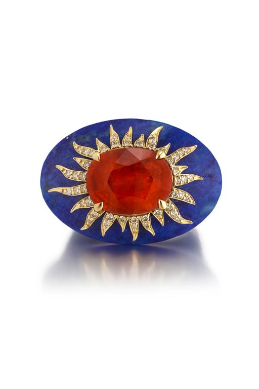 14k Gold Sapphire, Lapis Lazuli and Diamond Ring