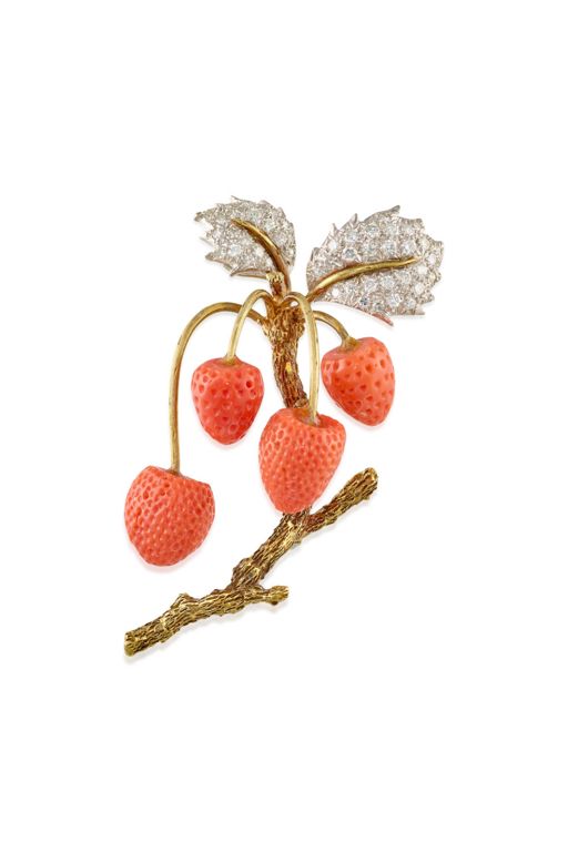 14k Gold Coral and Diamond Brooch
