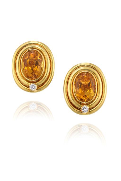 Pair of 18k Gold Citrine and Diamond Earrings