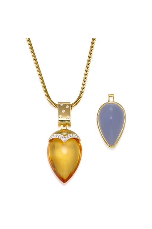 Gold Multi-Gem and Diamond Pendant Necklace