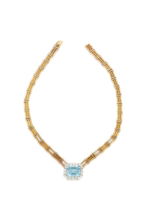 18k Gold Aquamarine and Diamond Necklace