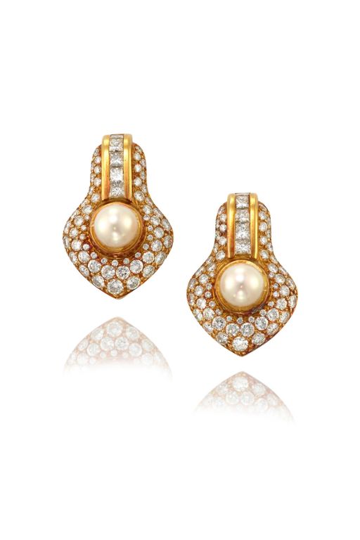 Pair of 18k Gold Pearl and Diamond Earrings