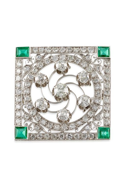 Platinum and 14k Gold Diamond and Emerald Brooch