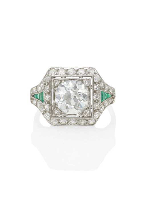 Platinum Diamond and Emerald Ring