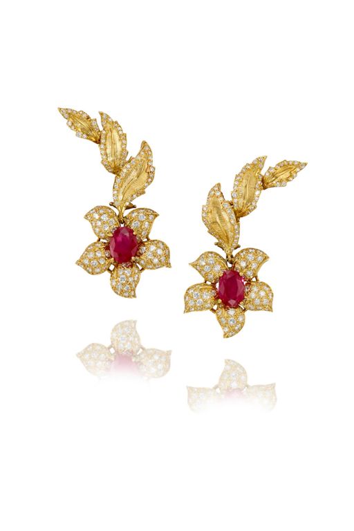 Pair of 18k Gold Ruby and Diamond Earrings