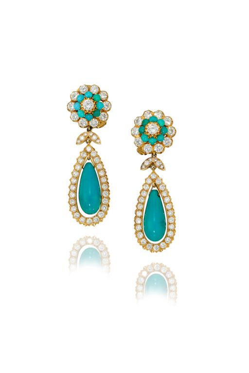 Pair of 18k Gold Turquoise and Diamond Earrings