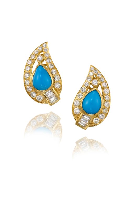Pair of 18k Gold Turquoise and Diamond Earrings