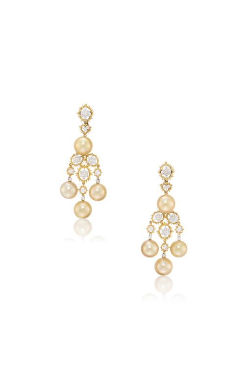 Pair of 18k Gold Pearl and Diamond Earrings