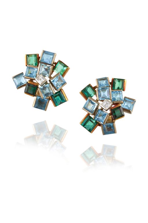 Pair of 18k Gold and Platinum Multi-Gem Earrings