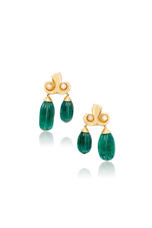 Pair of 18k Gold Emerald and Diamond Earrings