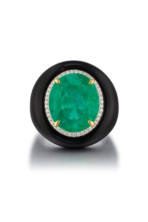 Platinum Emerald, Onyx and Diamond Ring