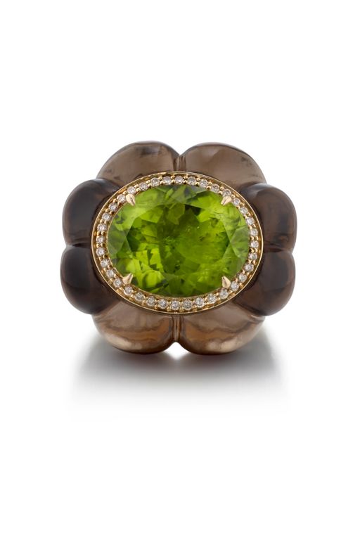14k Gold Peridot, Quartz and Diamond Ring