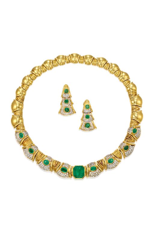 18k Gold Emerald and Diamond Jewelry Set