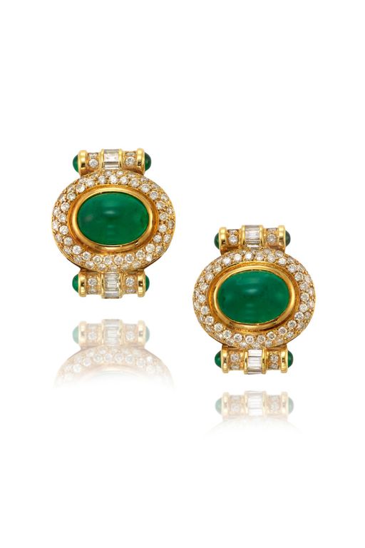 Pair of 18k Gold Emerald and Diamond Earrings