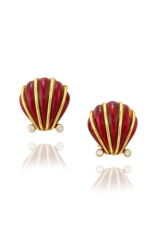 Pair of 18k Gold Enamel and Diamond Earrings