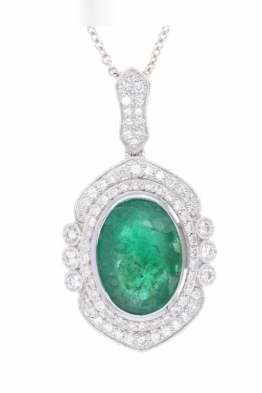 Platinum Emerald and Diamond Pendant Necklace