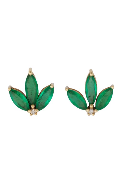 18k Gold Emerald and Diamond Leaf Stud Earrings
