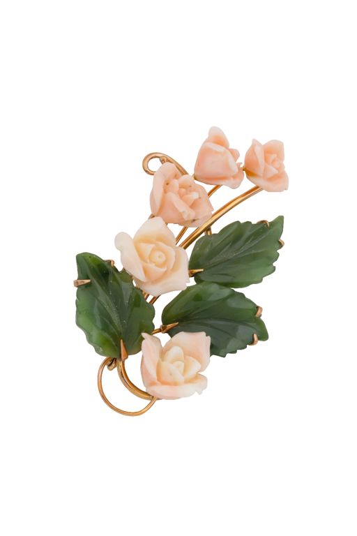 18k Yellow Gold Nephrite and Coral Flower Brooch
