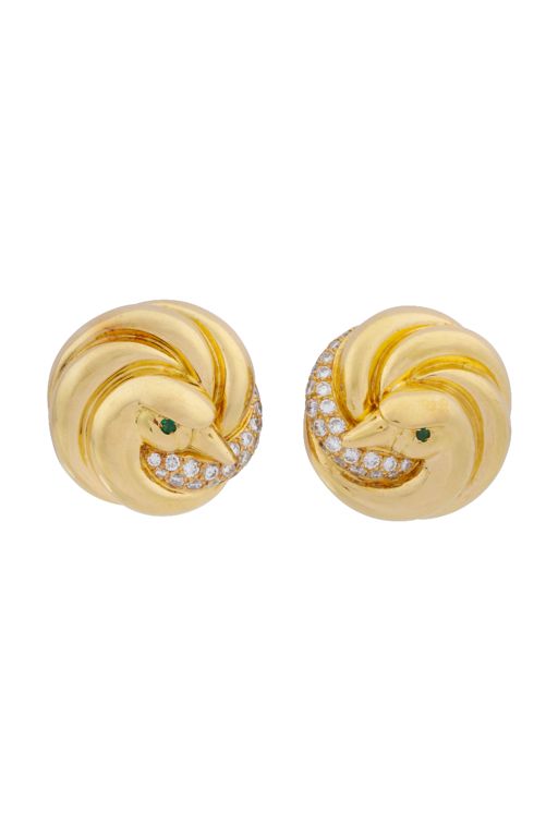 18k Yellow Gold Emerald and Diamond Swan Earrings