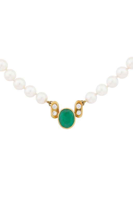 Gold Pearl, Emerald and Diamond Pendant Necklace