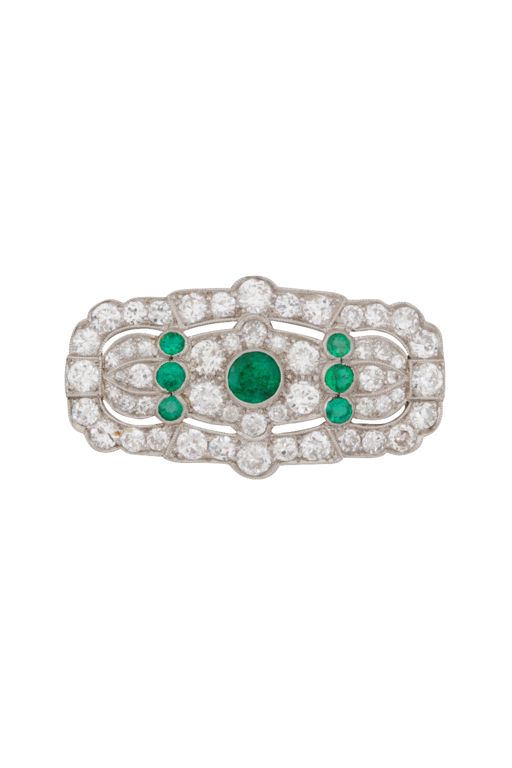 White Gold Emerald and Diamond Brooch