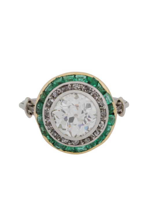 Platinum Diamond and Emerald Cluster Ring