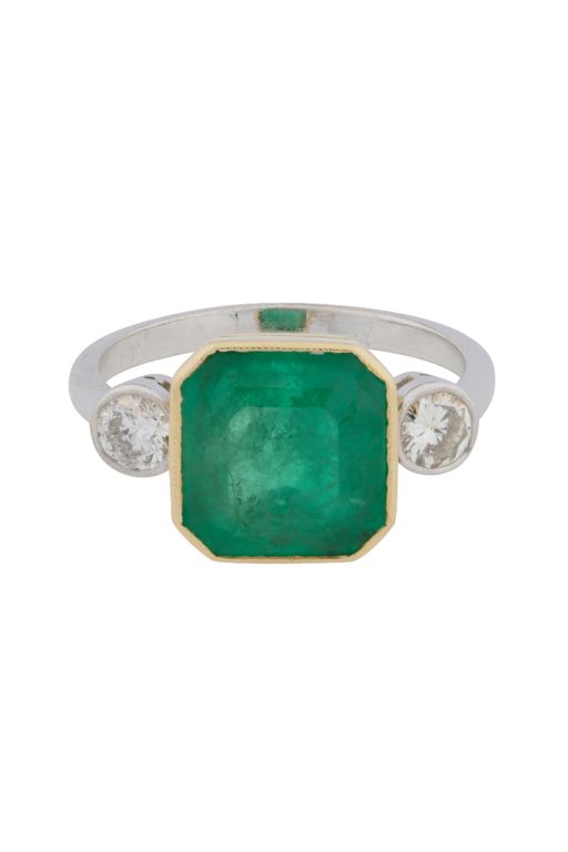 Yellow and White Metal Emerald and Diamond Ring