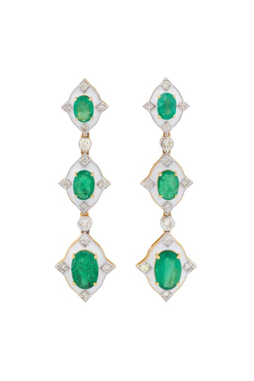 14k Gold Emerald, Diamond and Enamel Earrings