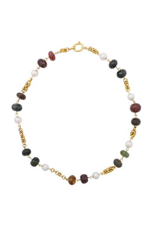 14k Gold Pearl and Tourmaline Chain Necklace
