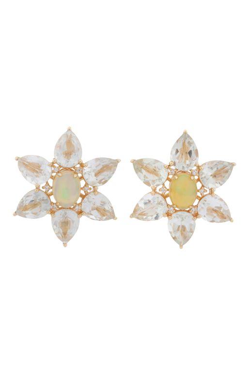 14k Gold Opal, Topaz and Diamond Flower Earrings
