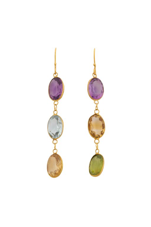 Yellow Metal Multi-Gem Pendant Earrings