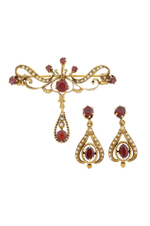 14k Yellow Gold Garnet and Pearl Jewelry Set