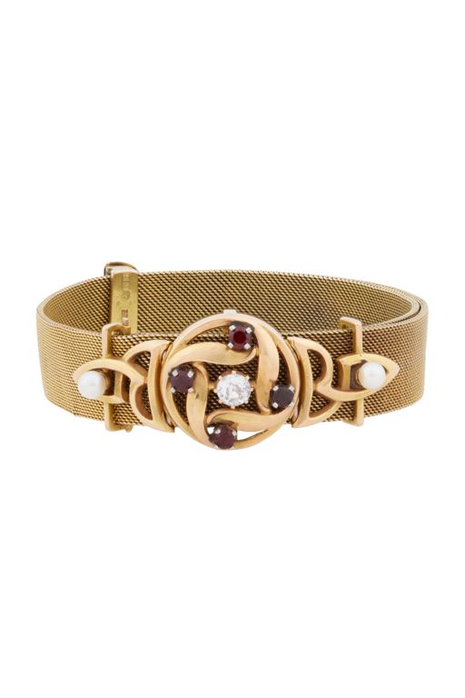 14k Yellow Gold Garnet, Diamond and Pearl Bracelet