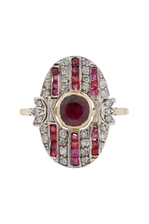 White and Yellow Metal Ruby and Diamond Ring