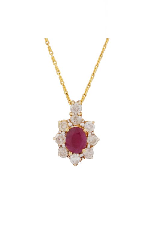 18k Gold Ruby and Diamond Flower Pendant Necklace