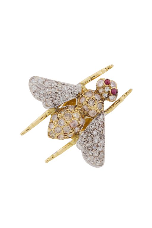 Yellow and White Metal Ruby and Diamond Fly Brooch