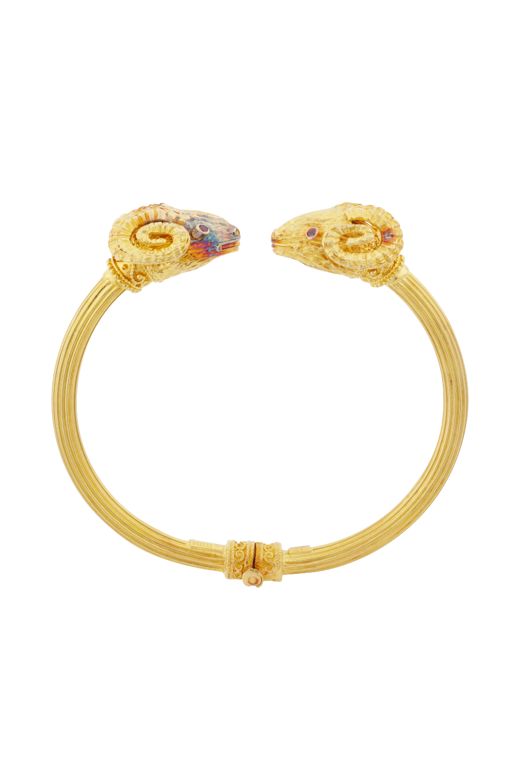 18k Yellow Gold Ruby Double Ram Head Cuff Bracelet
