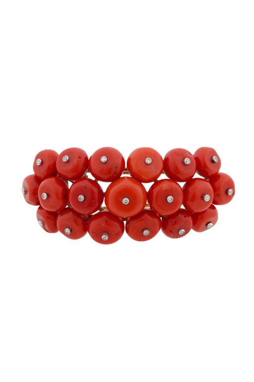 14k Yellow Gold Coral and Diamond Brooch