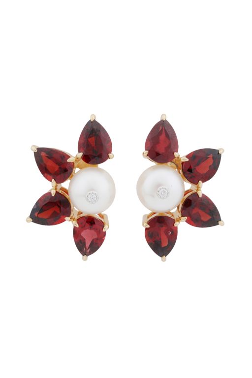 14k Yellow Gold Garnet, Pearl and Diamond Earrings