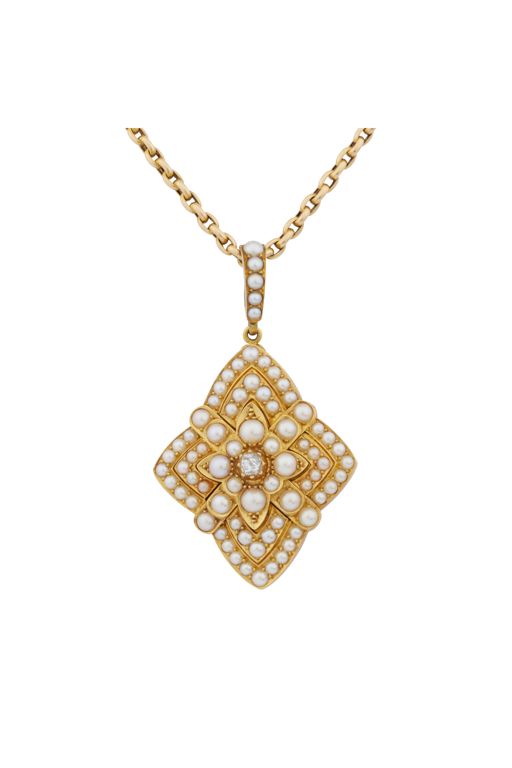 Yellow Gold Pearl and Diamond Pendant Necklace