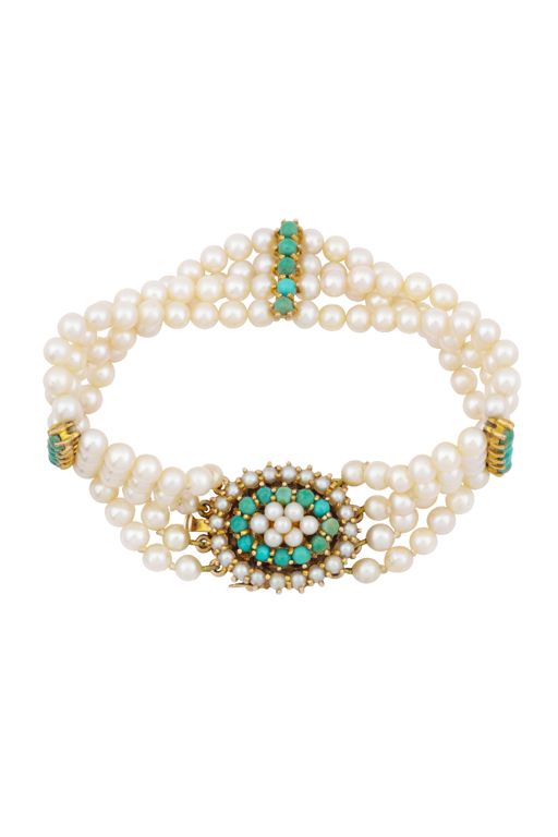 9k Yellow Gold Pearl and Turquoise Bracelet
